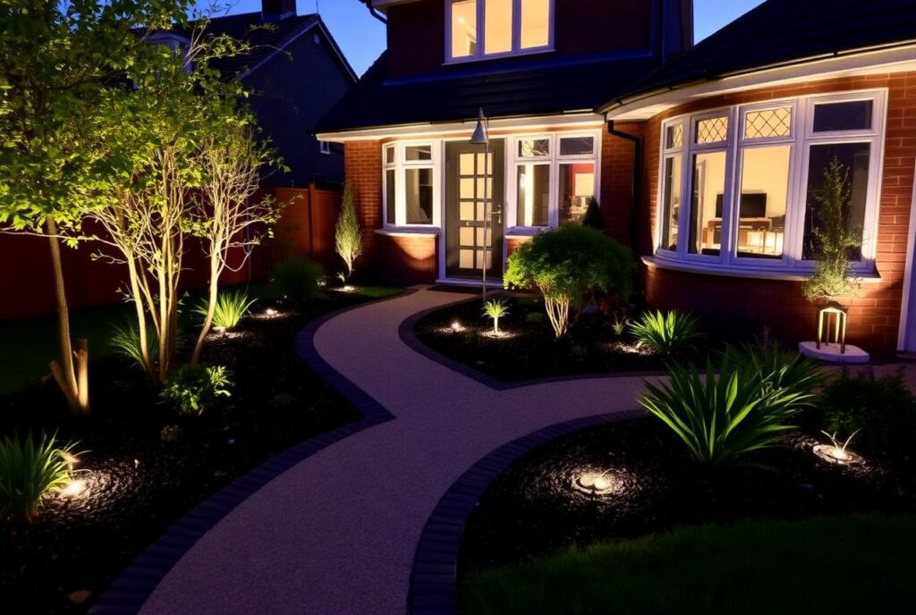 Complete exterior transformation combining driveways with garden landscaping.